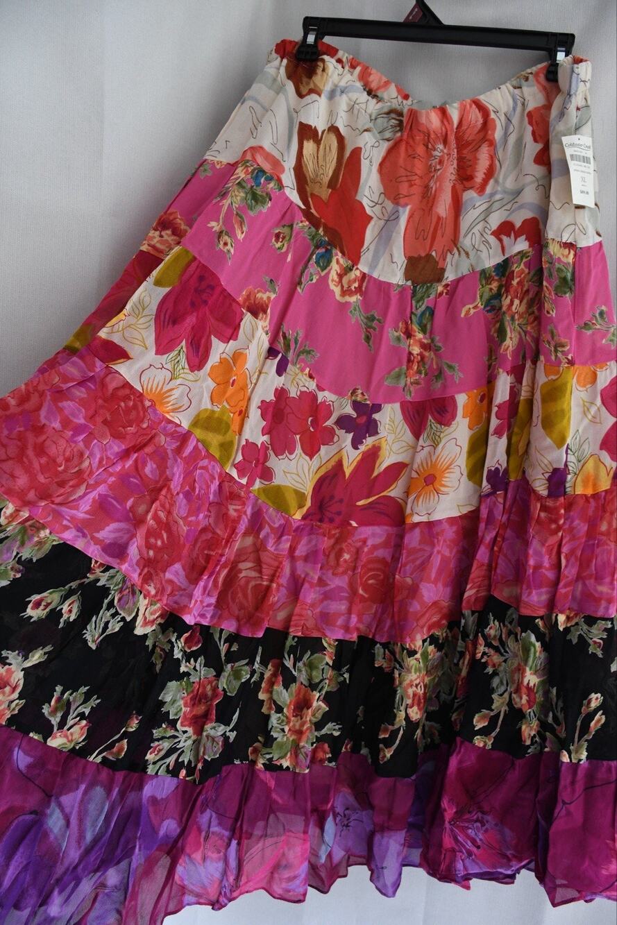 Coldwater Creek Bright Floral Tiered Crinkle Maxi Skirt Women's XL Boho NWT